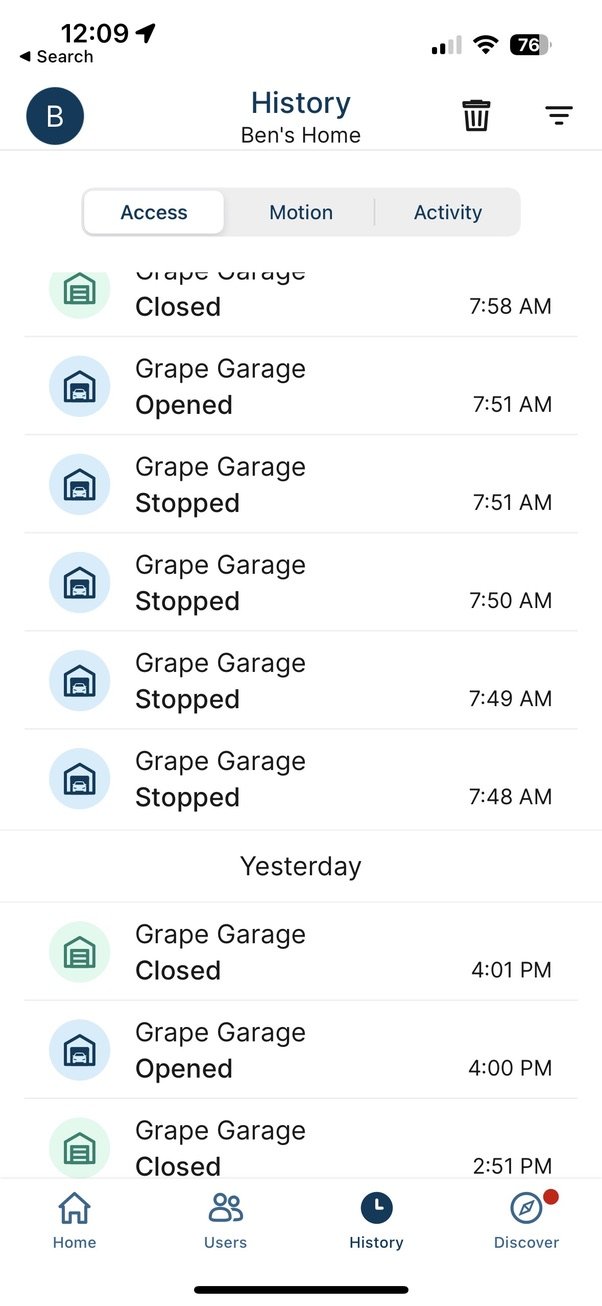 The garage closed properly at 4:01 PM. The garage did not fully open at 7:48am. The other entries were attempts to fully open/close the garage.